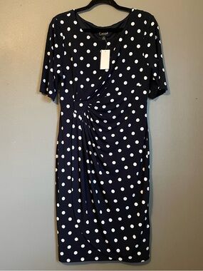 NWT Connected Apparel Sz 12 Petite Women’s Navy Blue Polka Dot Midi Dress Rt $69